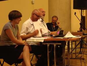 Die deutsche Delegation beim Assitej Weltkongress: Meike Fechner, Gerd Taube, Wolfgang Schneider, Stefan Fischer-Fels