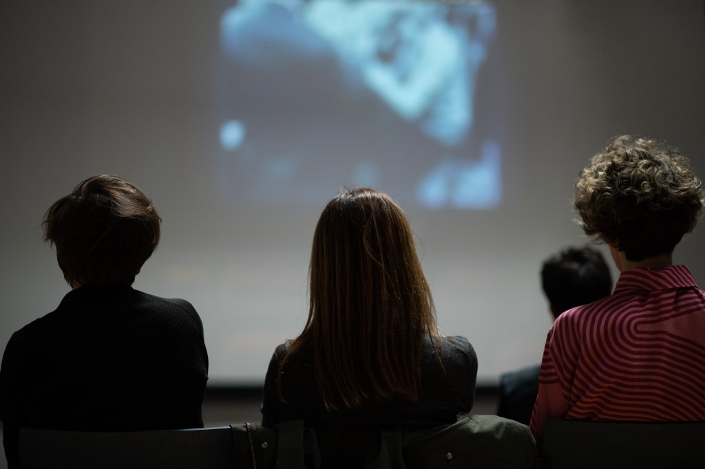 Menschen schauen einen Film auf einer Leinwand